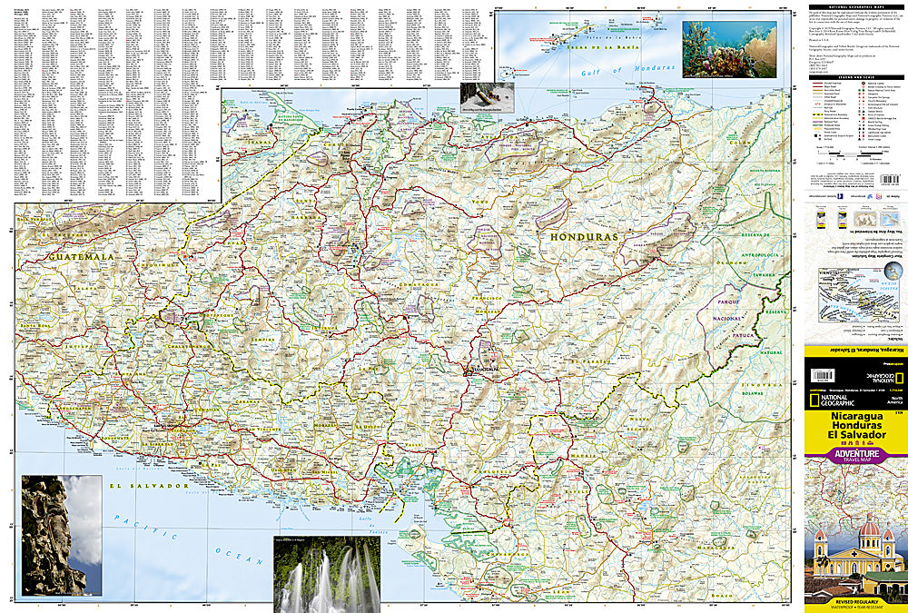 Nicaragua Honduras and El Salvador travel map with roads beaches parks and attractions