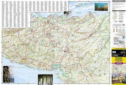 Nicaragua Honduras and El Salvador travel map with roads beaches parks and attractions