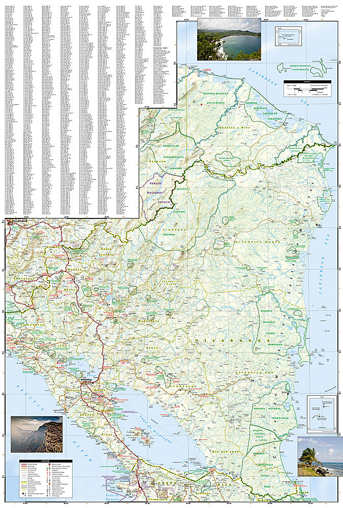 Nicaragua Honduras and El Salvador travel map with roads beaches parks and attractions