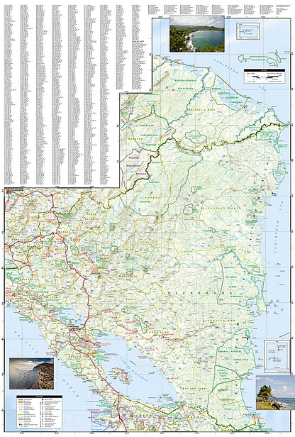 Nicaragua Honduras and El Salvador travel map with roads beaches parks and attractions