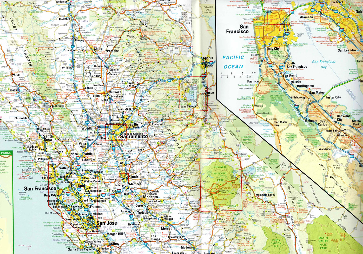 תקריב של מפת צפון קליפורניה פתוחה