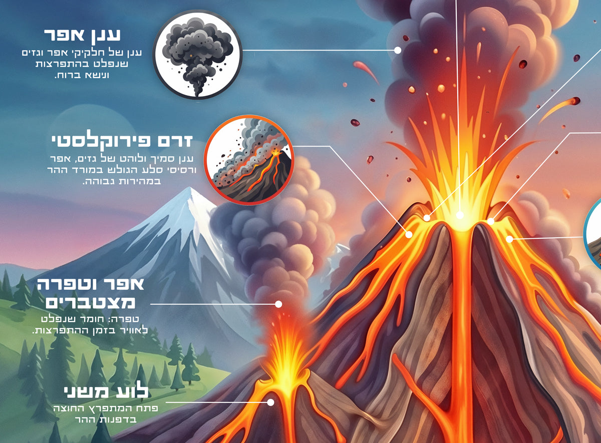 פרט פוסטר לימודי חקר הר געש המציג את מבנה הר הגעש ותהליך ההתפרצות הגעשית