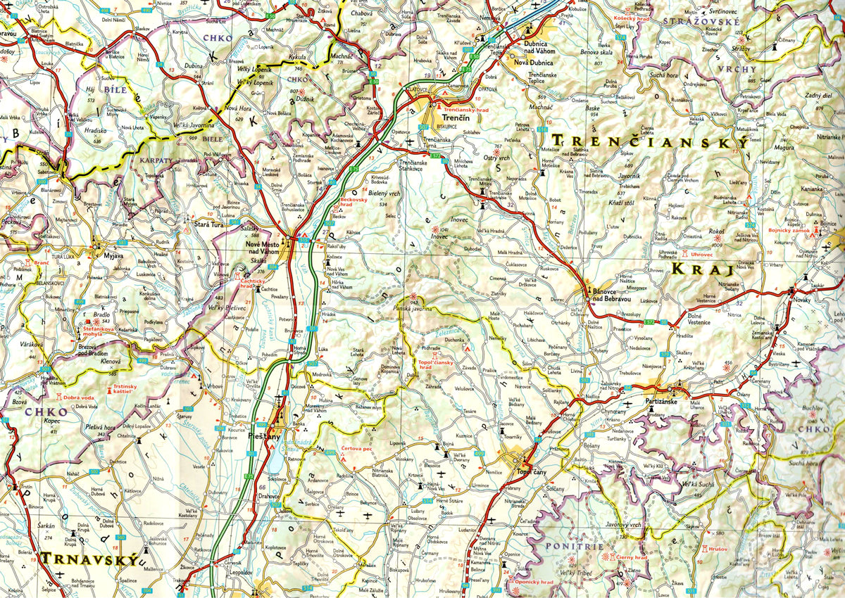 zoom of Slovakia travel map with roads cities High Tatras and Bratislava