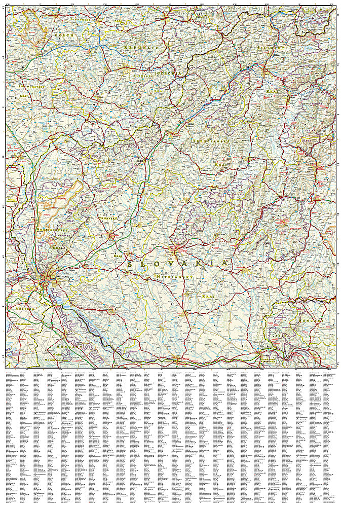 Slovakia travel map with roads cities High Tatras and Bratislava