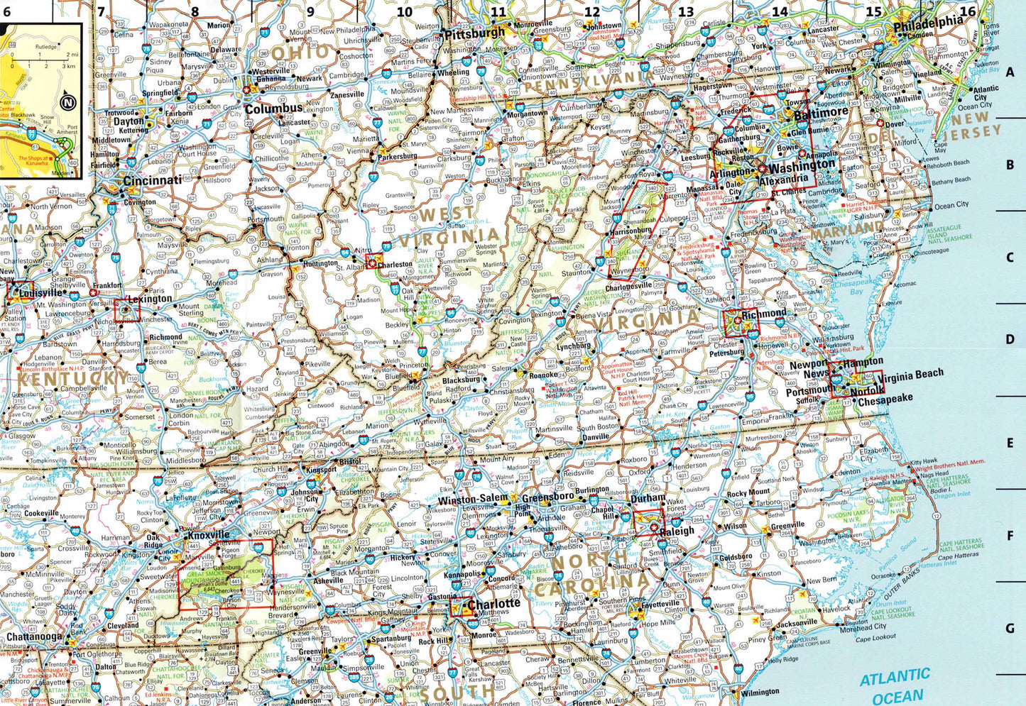 תקריב של מפת דרום־מזרח ארצות הברית פתוחה