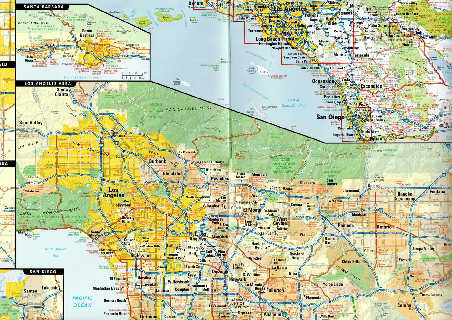 תקריב של מפת דרום קליפורניה פתוחה