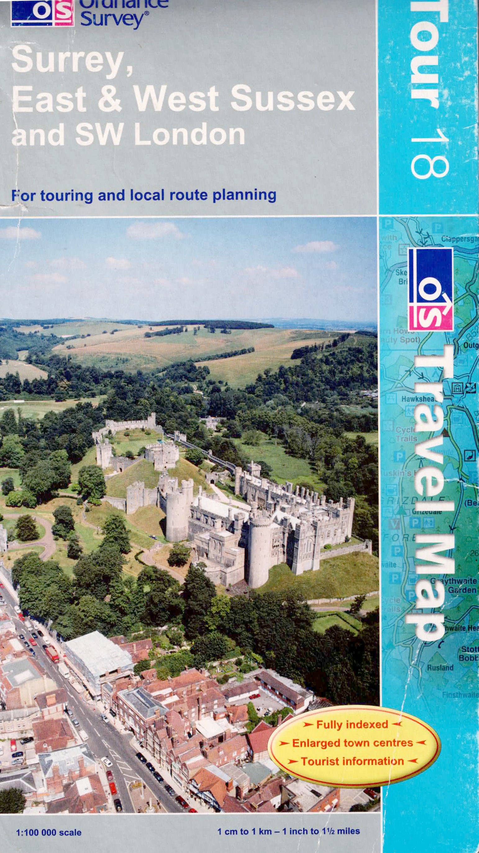 מפת טיולים של Surrey, East Sussex, West Sussex ודרום־מערב לונדון בקנה מידה 1:100,000.