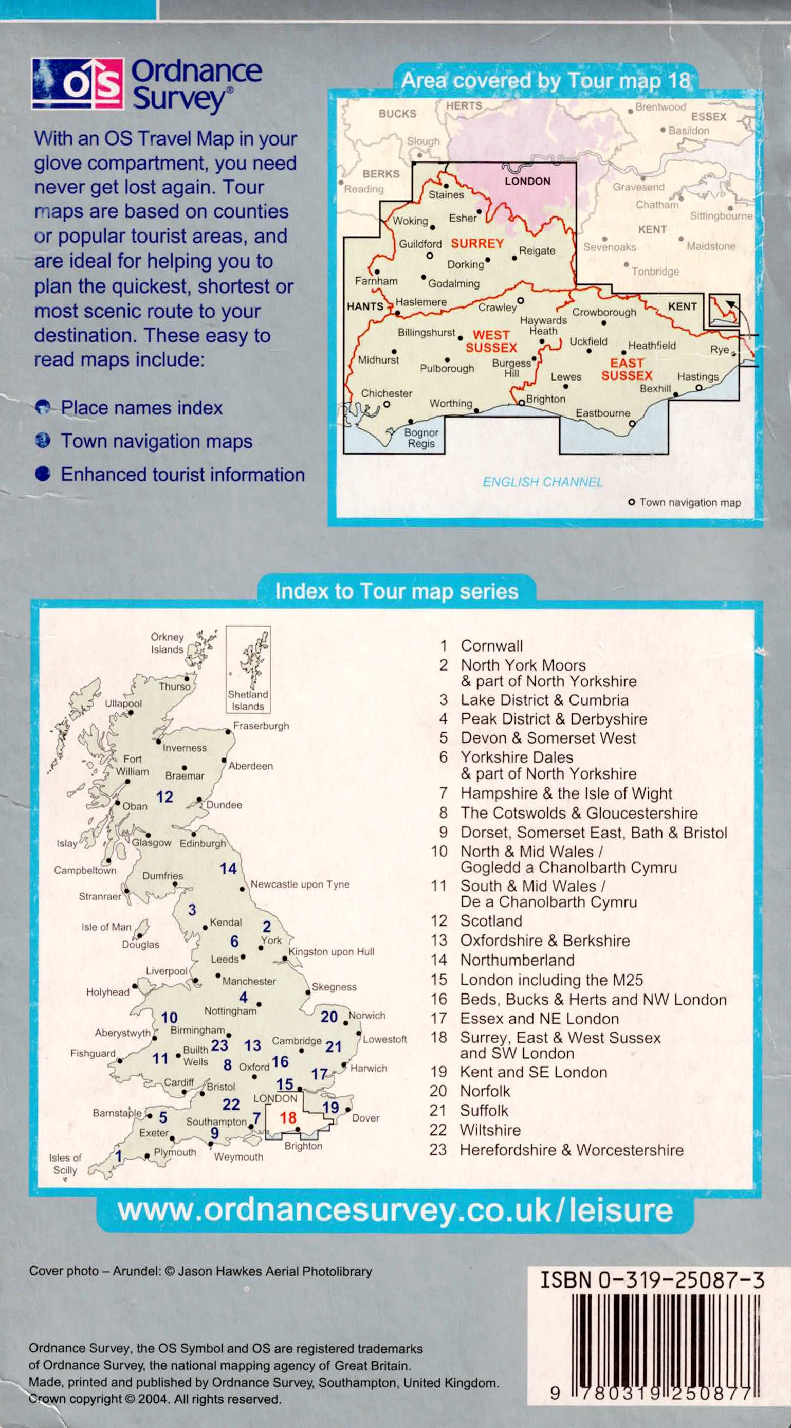 מפת טיולים של Surrey, East Sussex, West Sussex ודרום־מערב לונדון בקנה מידה 1:100,000.