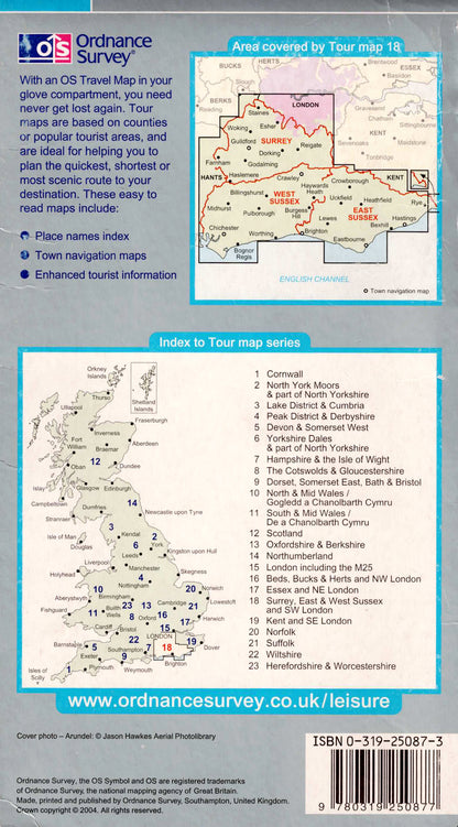 מפת טיולים של Surrey, East Sussex, West Sussex ודרום־מערב לונדון בקנה מידה 1:100,000.