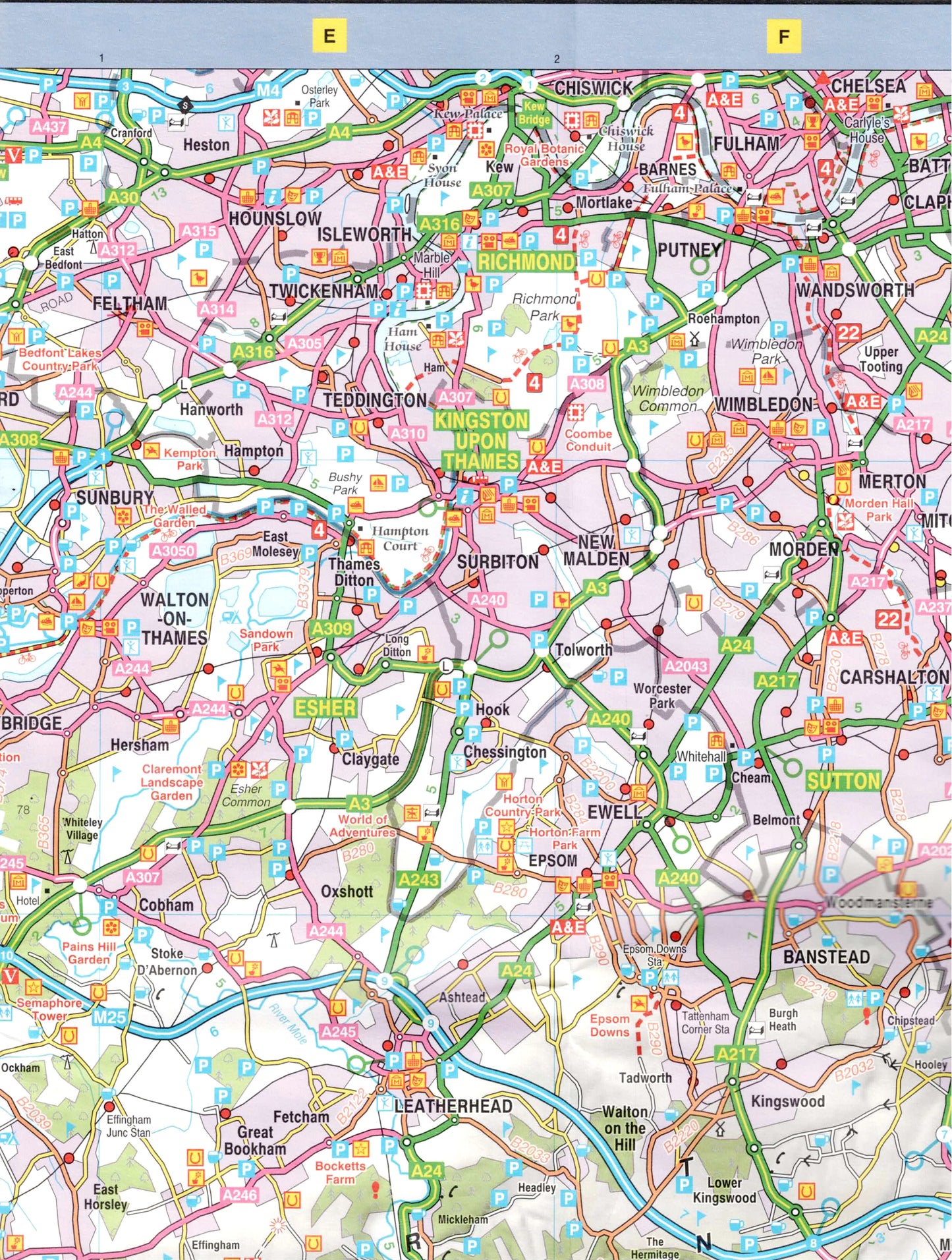 פרט של מפת טיולים של Surrey, East Sussex, West Sussex ודרום־מערב לונדון בקנה מידה 1:100,000.