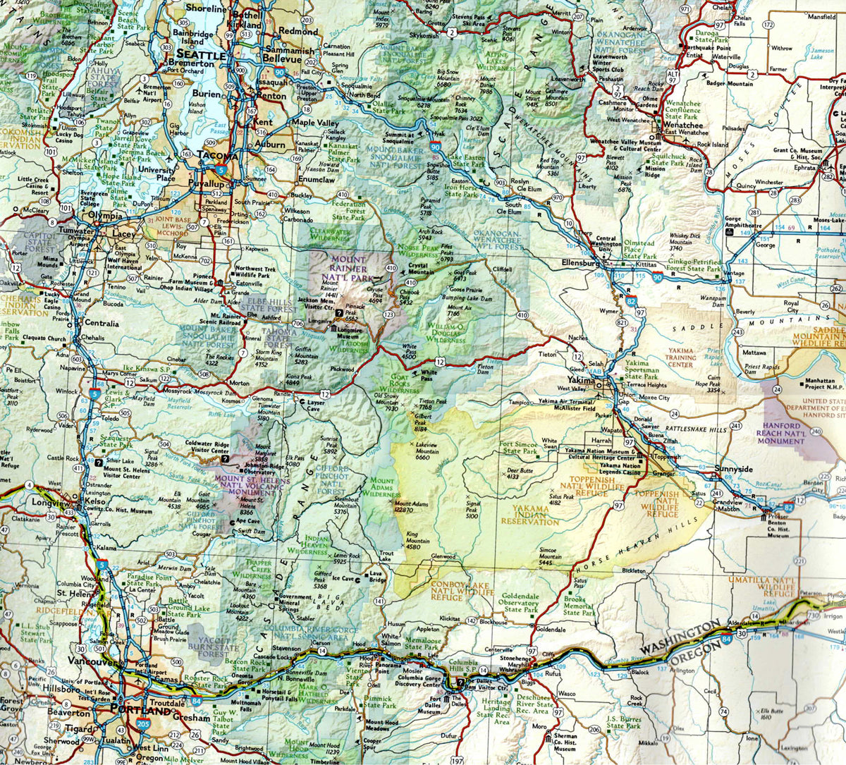 zoom of Pacific Northwest USA travel map with Washington Oregon Idaho national parks and Seattle