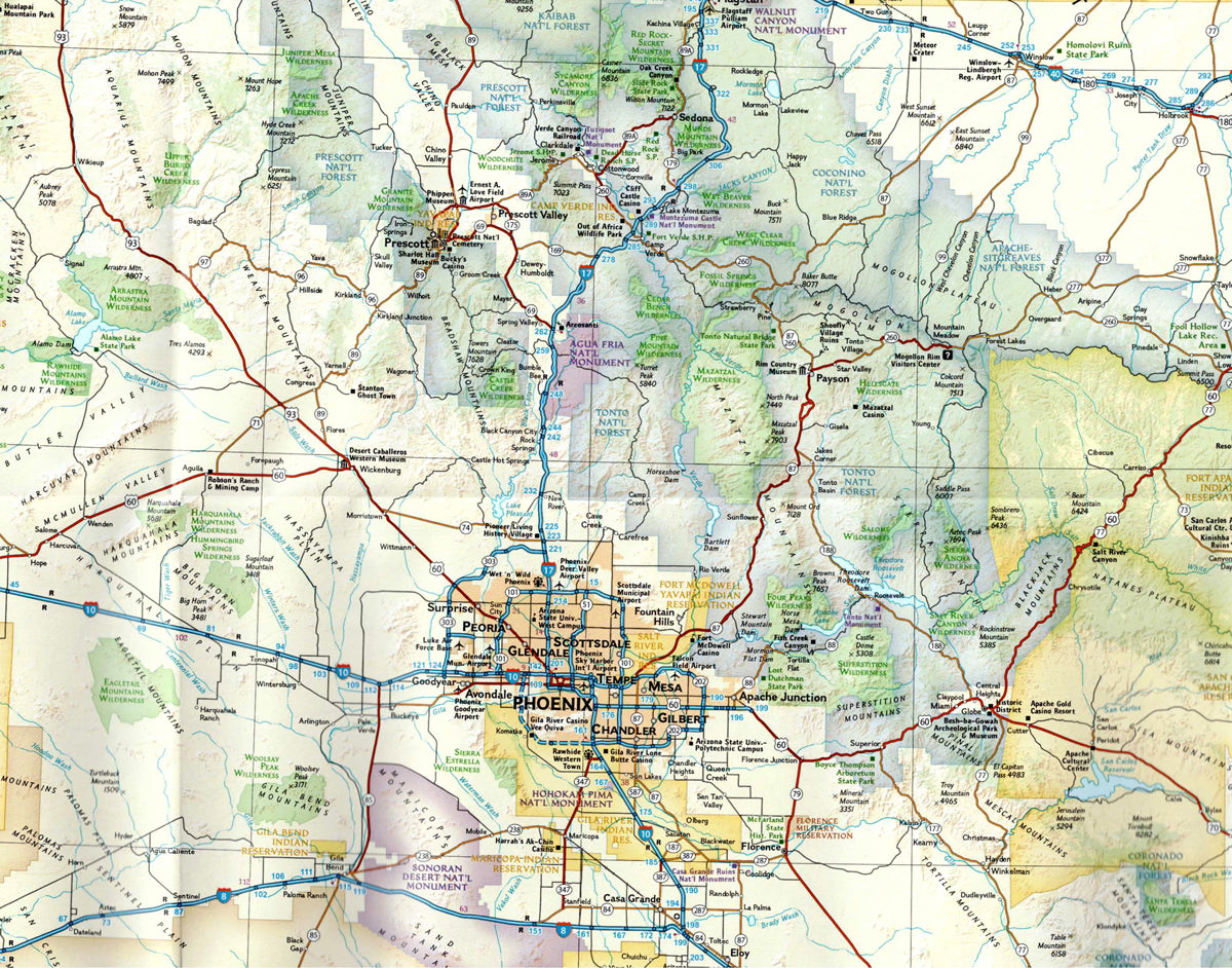 zoom of Southwest USA travel map with Arizona New Mexico Grand Canyon and national parks
