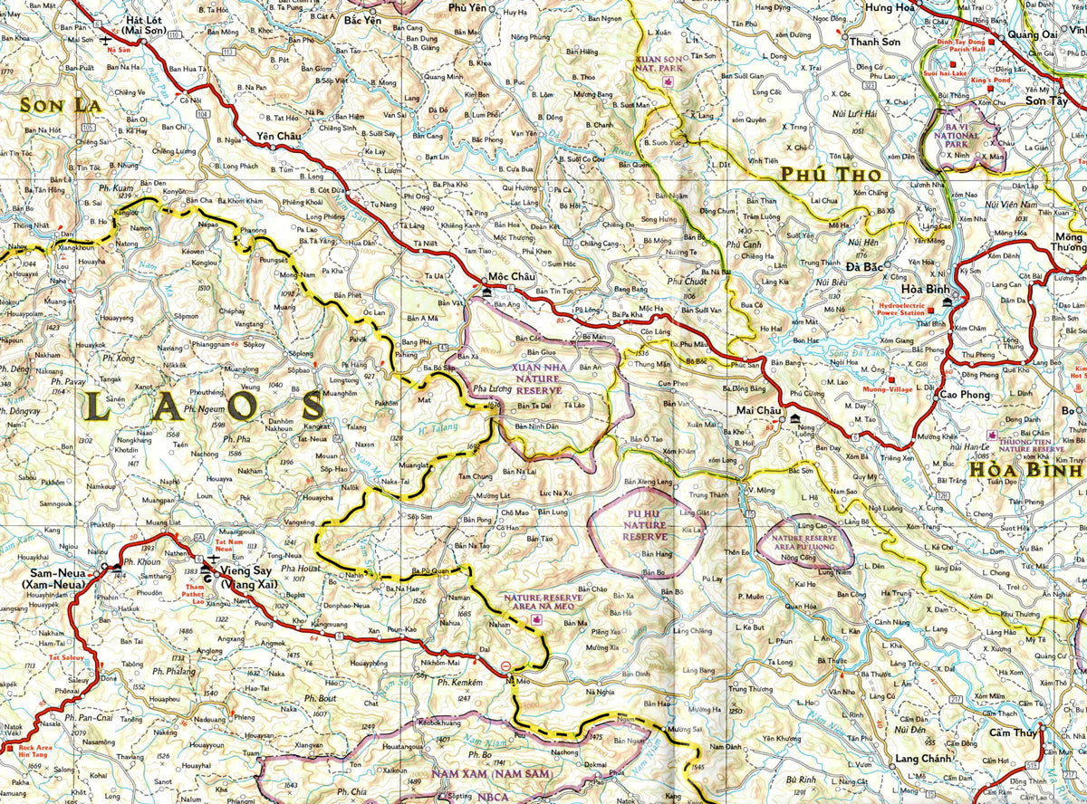 Zoom of North Vietnam travel map with roads cities temples beaches and waterfalls