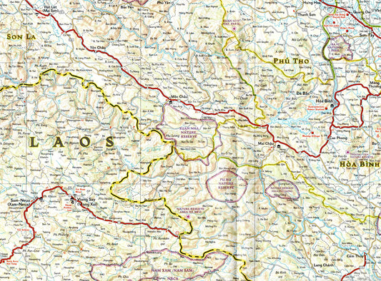 Zoom of North Vietnam travel map with roads cities temples beaches and waterfalls
