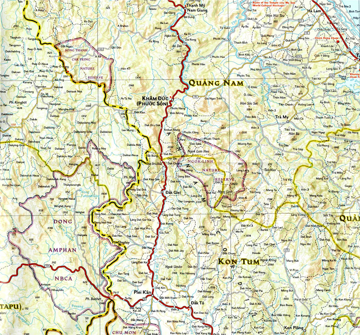 Zoom of South Vietnam travel map with roads cities beaches temples and attractions
