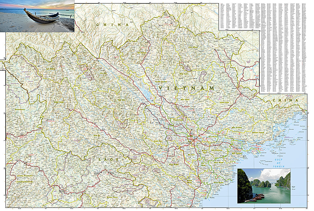 North Vietnam travel map with roads cities temples beaches and waterfalls