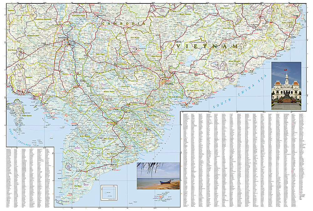 South Vietnam travel map with roads cities beaches temples and attractions