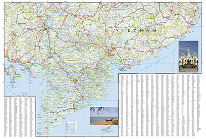 South Vietnam travel map with roads cities beaches temples and attractions