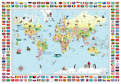 מפת עולם לילדים בעברית עם איורים צבעוניים של מאפייני מדינות, ערים בירה ומקומות מפורסמים, בעדכון 2023, מתאימה לגילאי 3-10 ומתנה מקורית