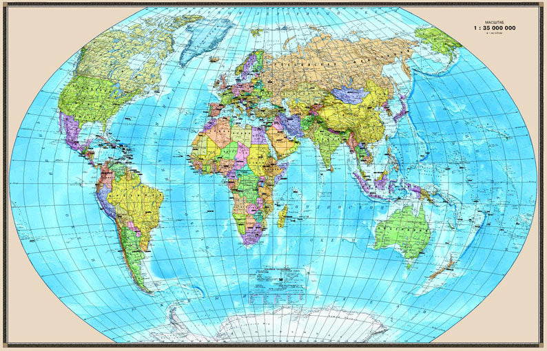 Physical political world map in Russian