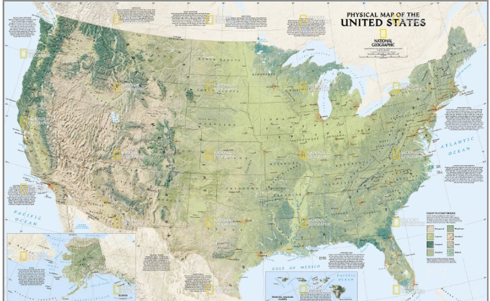 מפה פיזית של ארצות הברית של נשיונל גיאוגרפיק בגודל 90 על 60 ס